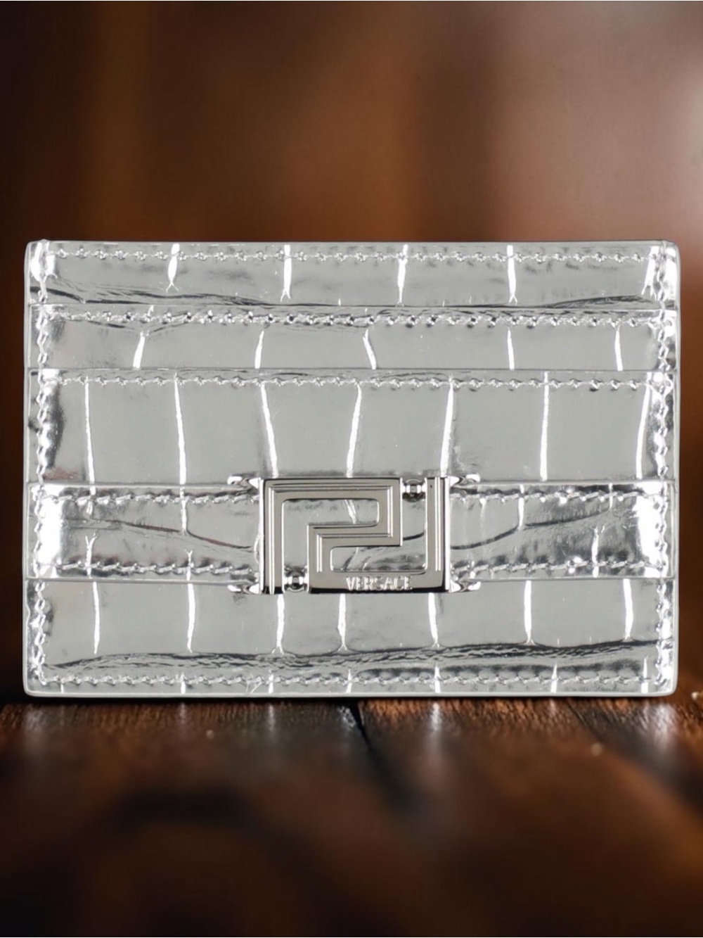 Versace Silver Croc-Embossed Greca Goddess Card Holder NWB
